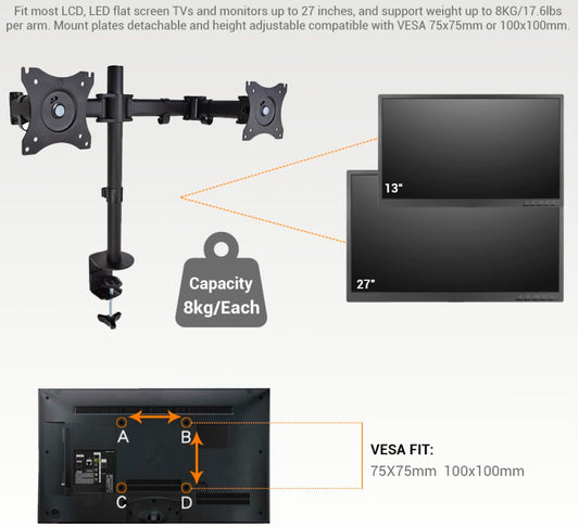 Dual Monitor Desk Mount Full Motion for 13"-27" Monitors