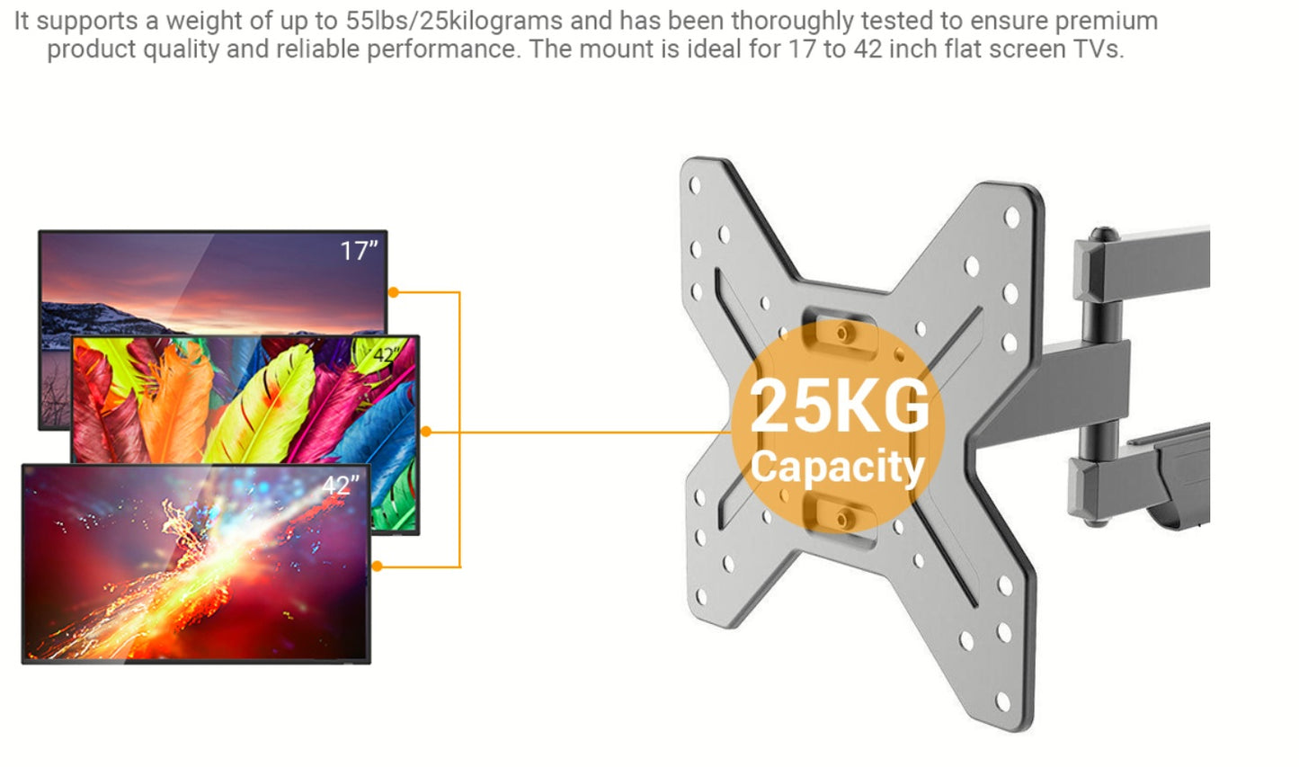 Full Motion(Tilt, Swivel & Rotate) Wall Mount for 17" to 42" TVs