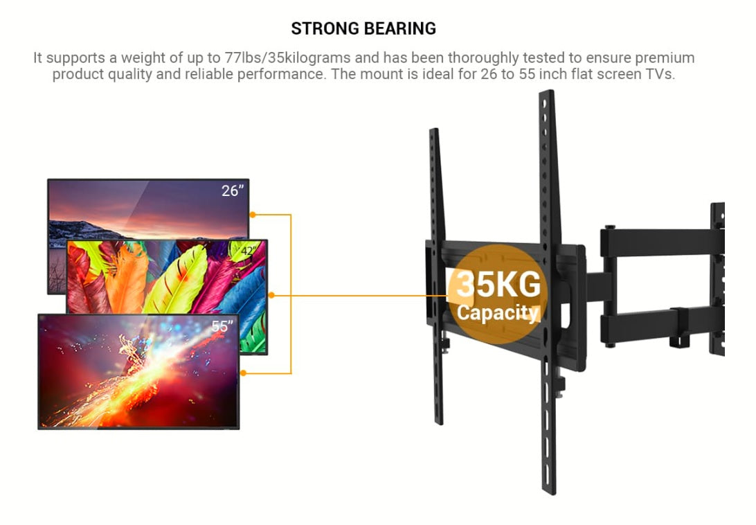 Full Motion(Tilt, Swivel & Rotate) TV Wall Mount Single Stud for 26"-55" TVs