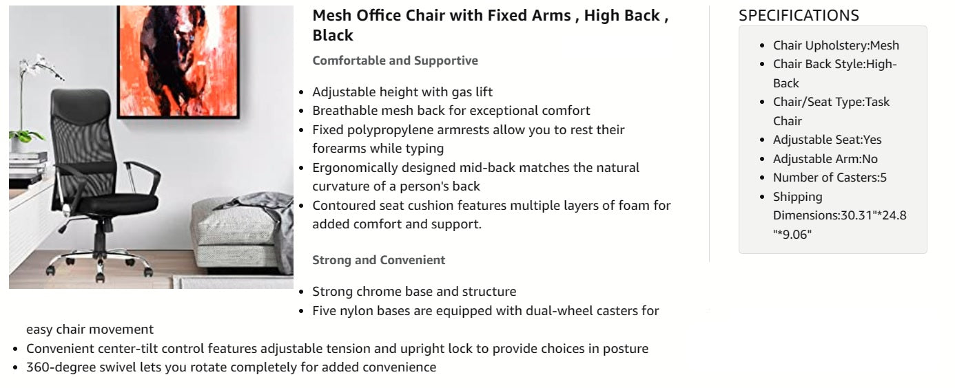 Adjustable Mesh Office Chair With Arms, High Back, Fabric Seat