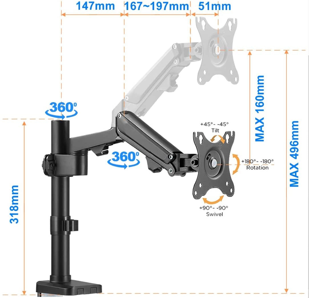 Single Monitor Adjustable Gas Spring Desk Mount for 17"-32" Monitors