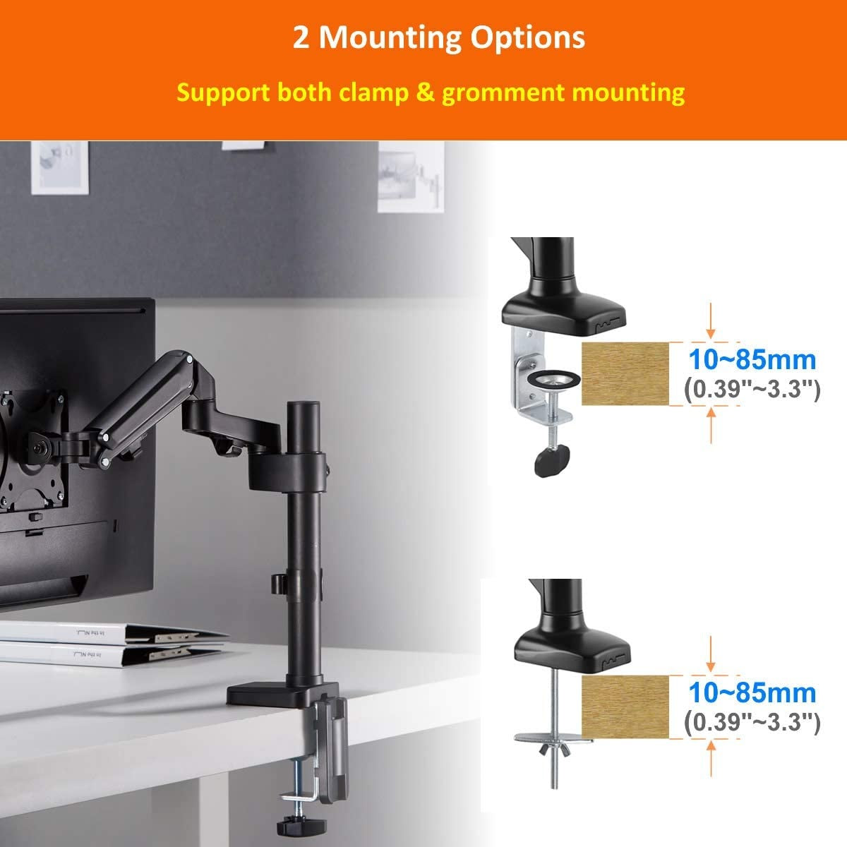 Single Monitor Adjustable Gas Spring Desk Mount for 17"-32" Monitors