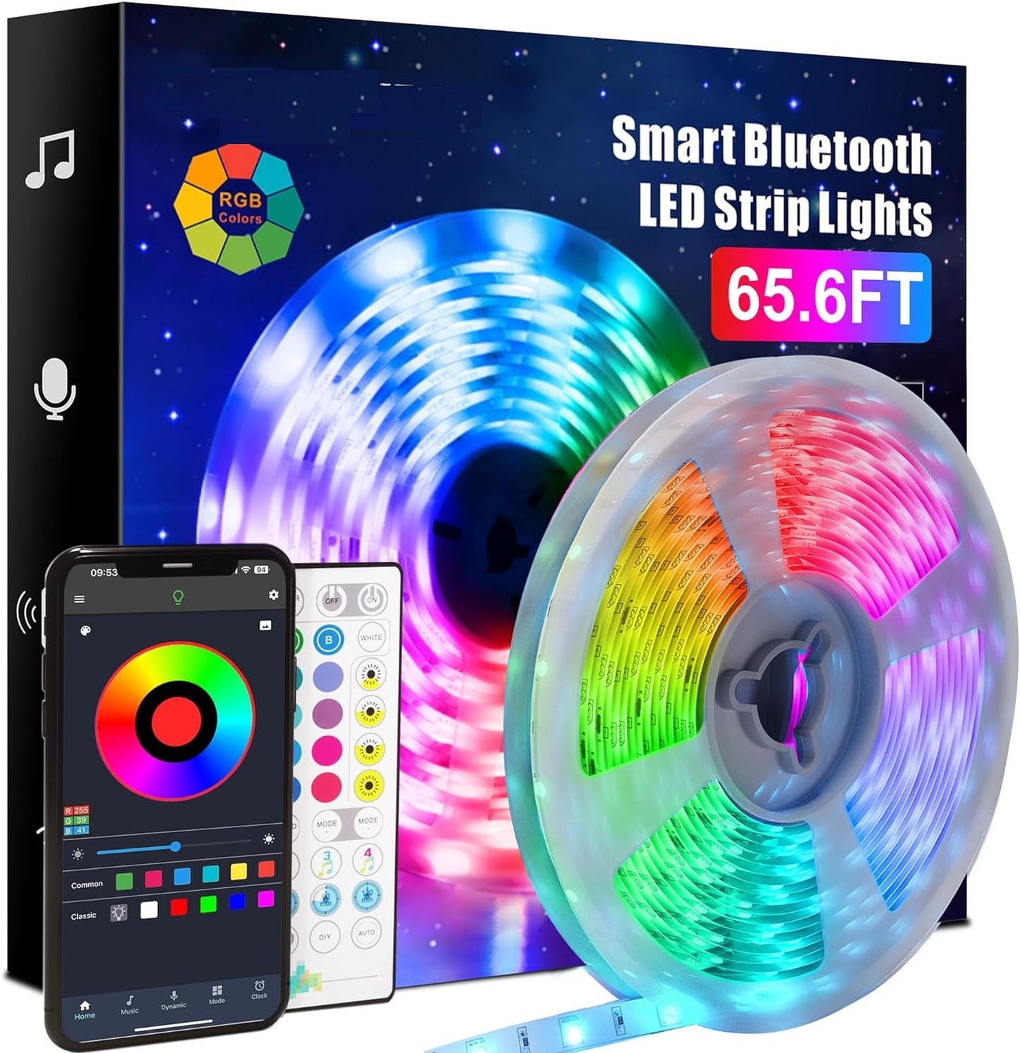 65.6ft/20m LED Strip Lights, Bluetooth, Remote 16 Million Colors, Built-in Mic