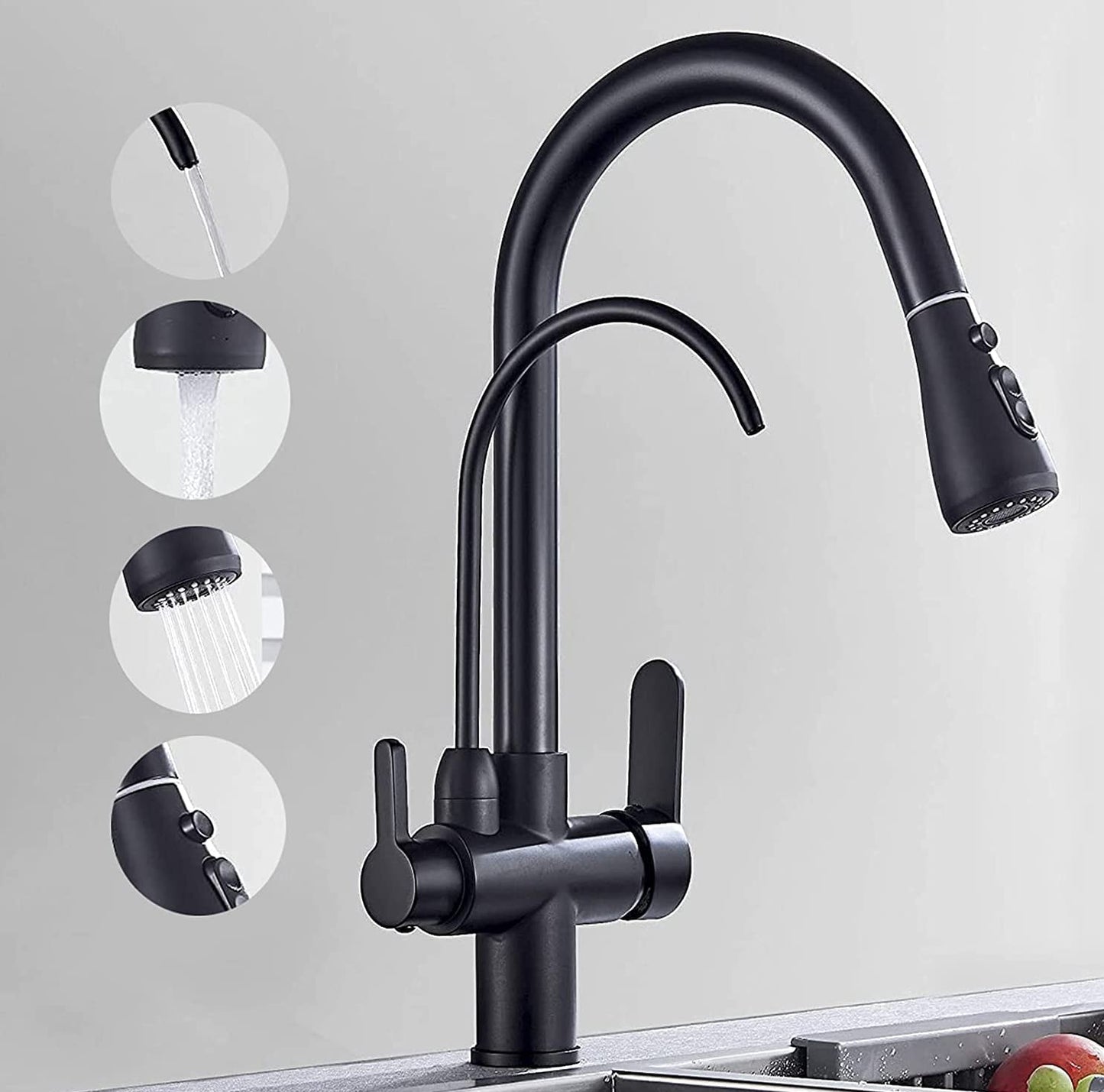 Nysha 3-in-1 Dual Handle Kitchen Sink Faucet with Pull Down Sprayer, Model M5