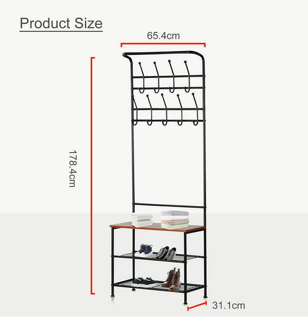 Rack 3-Tier Metal Entryway Coat, Shoe, Hat Rack with Bench