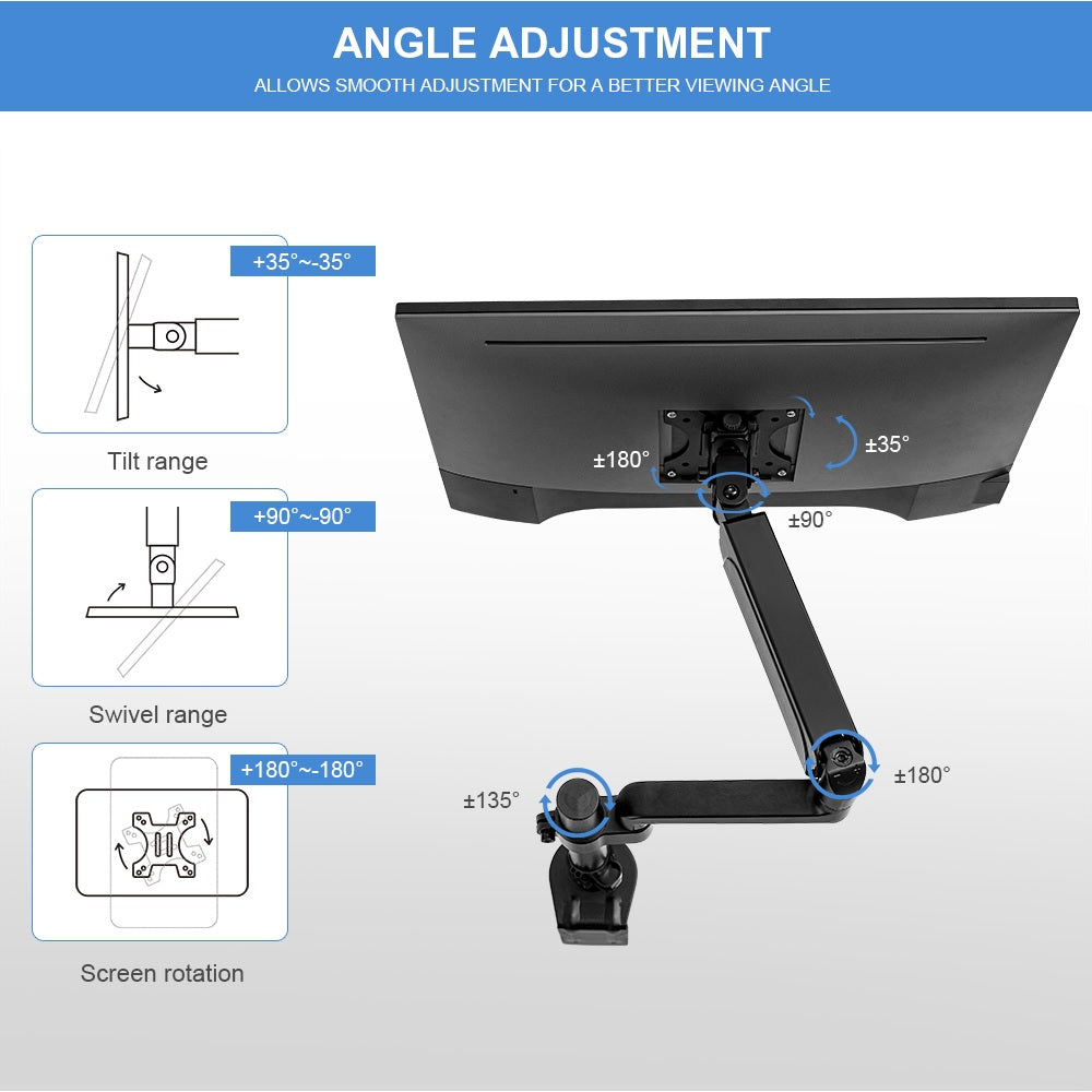 Single Monitor Adjustable Gas Spring Desk Mount for 17"-32" Monitors