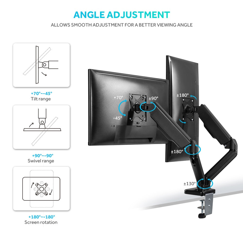 Gas Spring Dual Arm Monitor Stand With C Clamp And Grommet Mounting Base