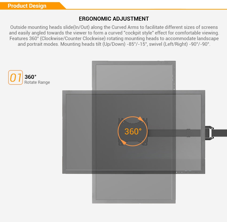 Triple Screen Monitor Mount For 10''-27'' (25'' In Width) Monitors