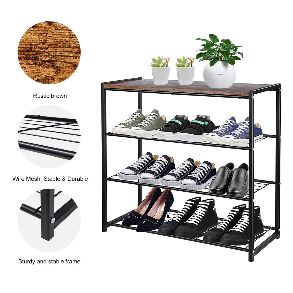 4-Tier Metal Shoe Rack With Wood Bench Top