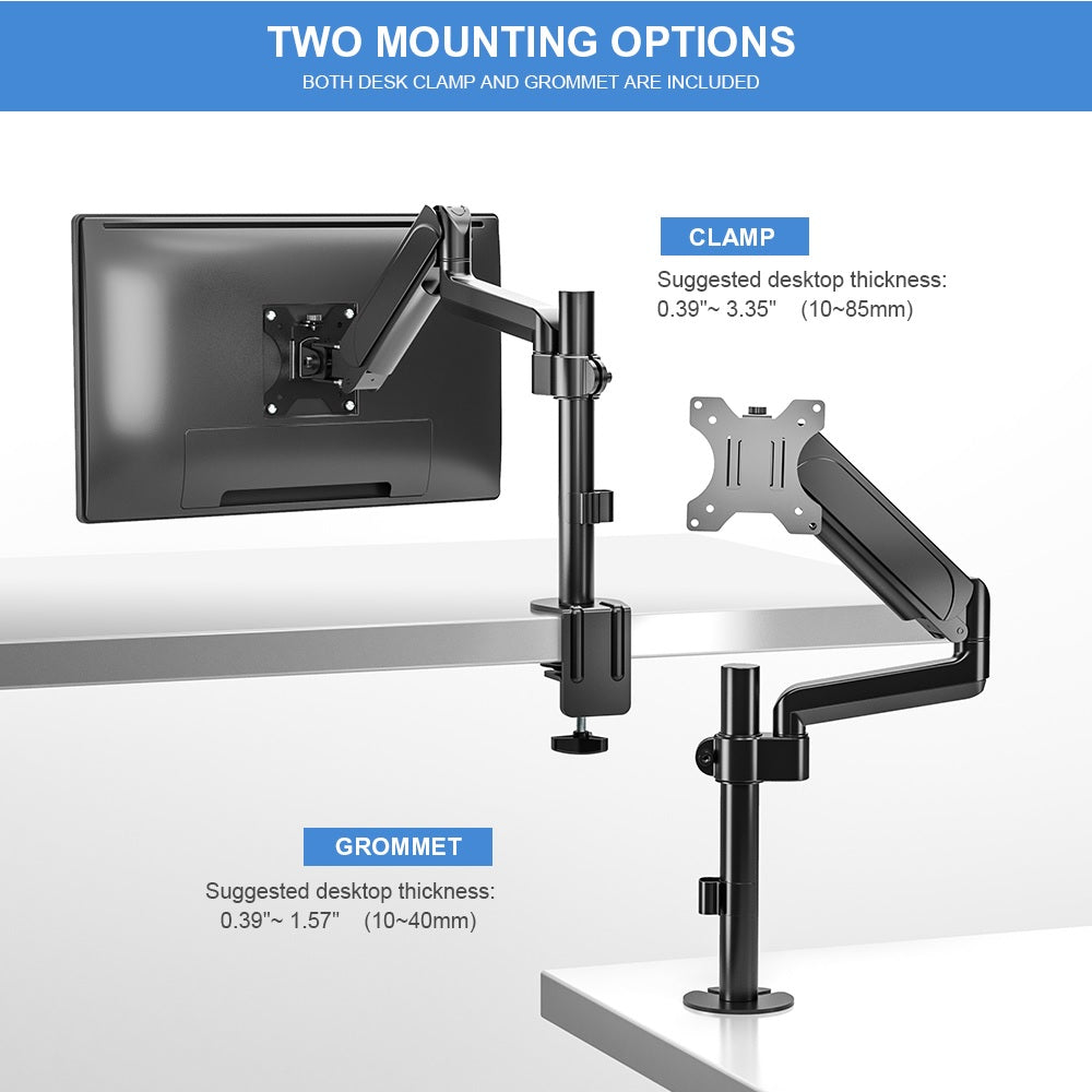 Single Monitor Adjustable Gas Spring Desk Mount for 17"-32" Monitors