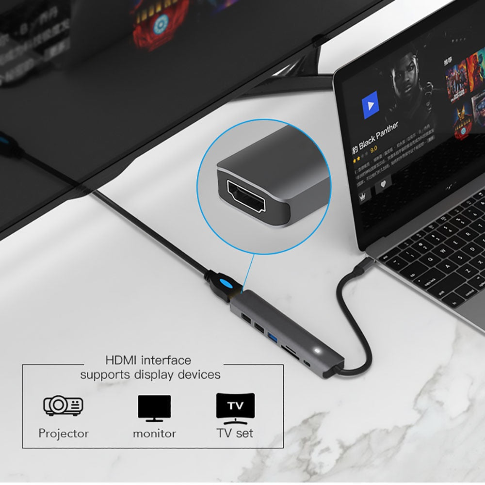 7-In-1 Type C Hub To HDMI, 3 USB Ports, SD/TF Card Readers