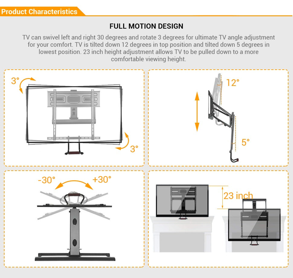 Full-Motion Above Fireplace Pull-Down TV Wall Mount For 43"-70" TVs