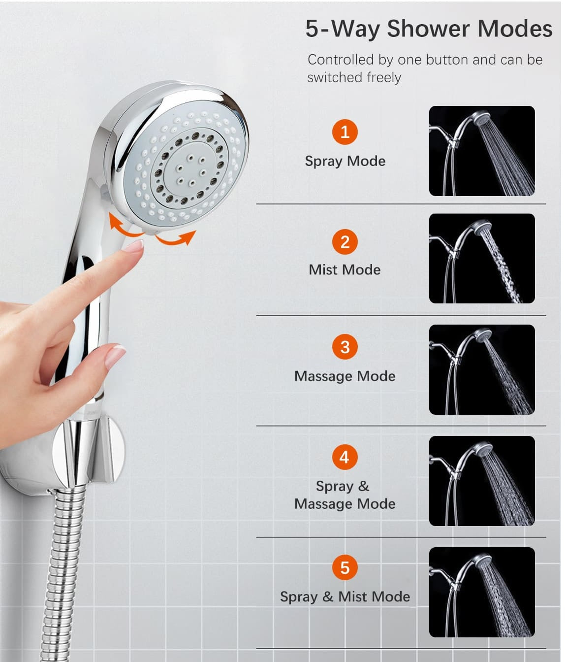 5 Function Handheld Shower Head Set with Multi-Directional Bracket High Pressure