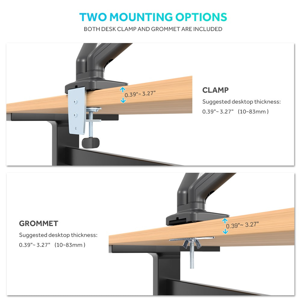 Gas Spring Dual Arm Monitor Stand With C Clamp And Grommet Mounting Base