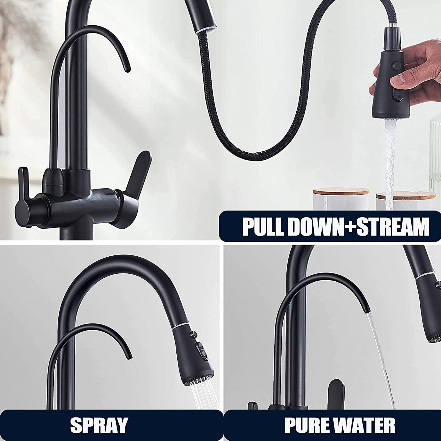 Nysha 3-in-1 Dual Handle Kitchen Sink Faucet with Pull Down Sprayer, Model M5