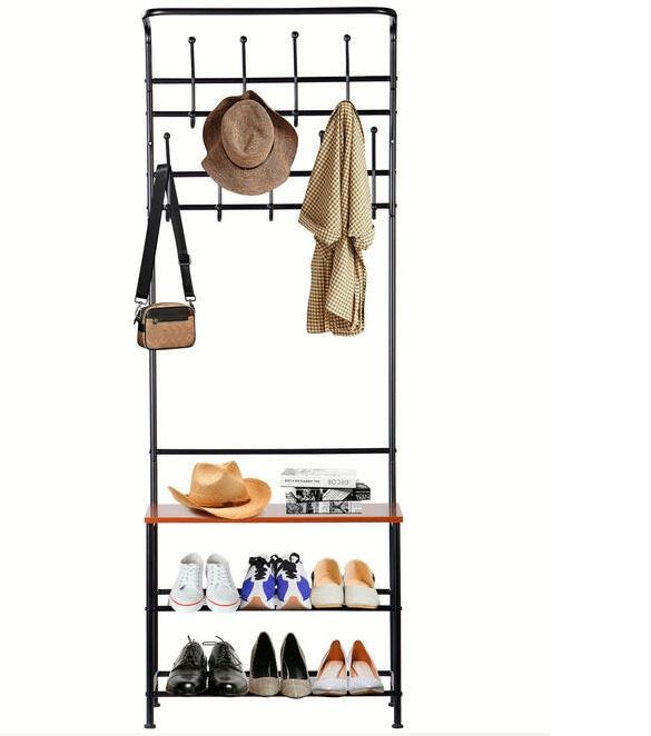 Rack 3-Tier Metal Entryway Coat, Shoe, Hat Rack with Bench