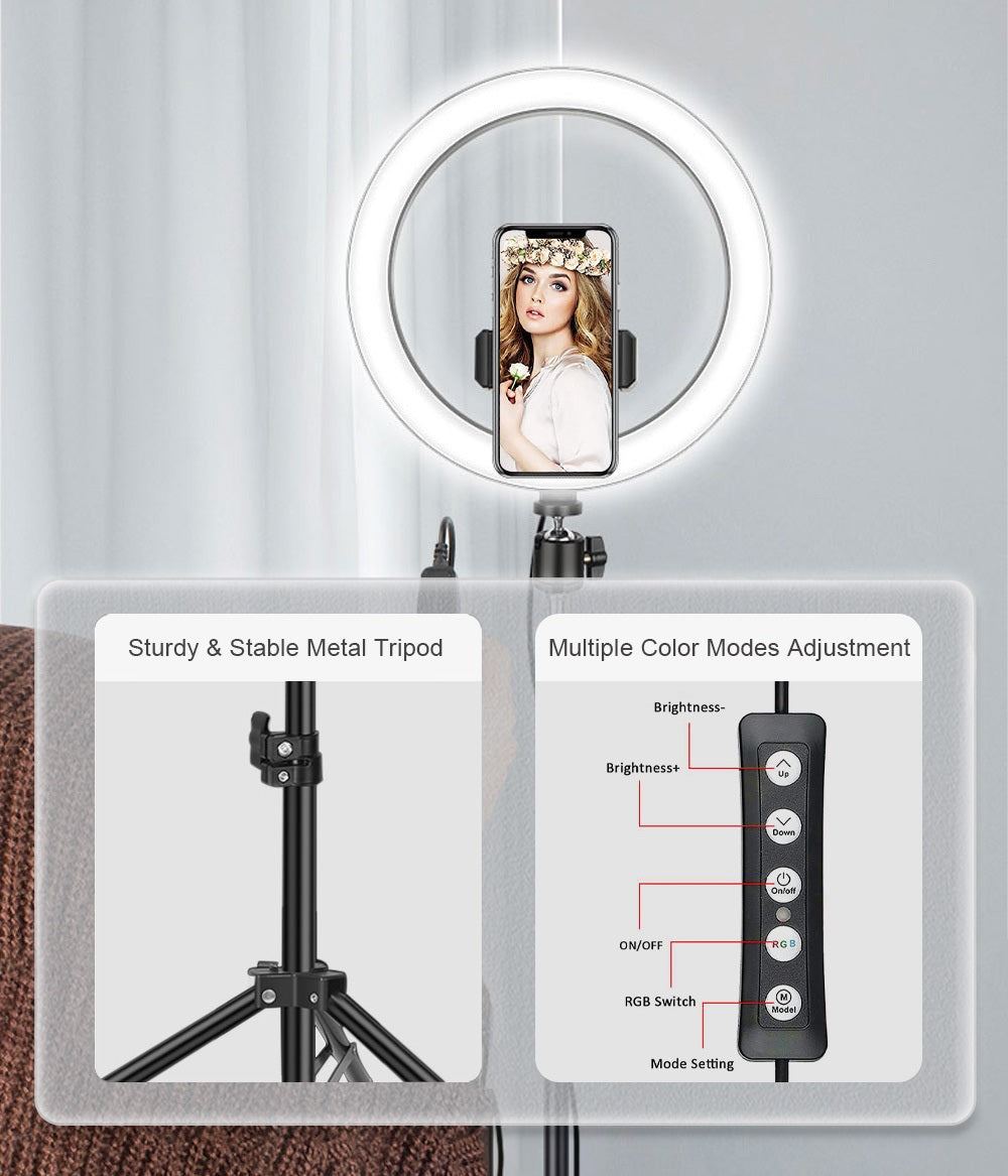 12" RGB LED Selfie Ring Light With 47" Retractable Tripod For Makeup Live Streaming