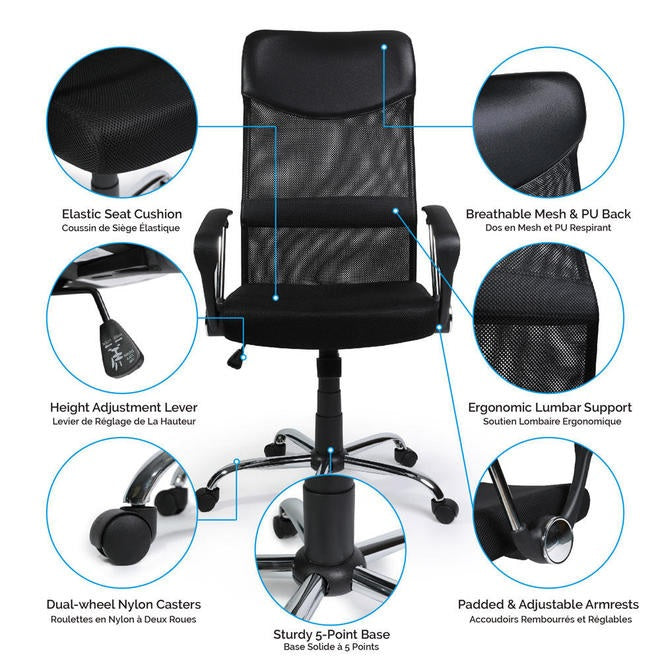 Adjustable Mesh Office Chair With Arms, High Back, Fabric Seat