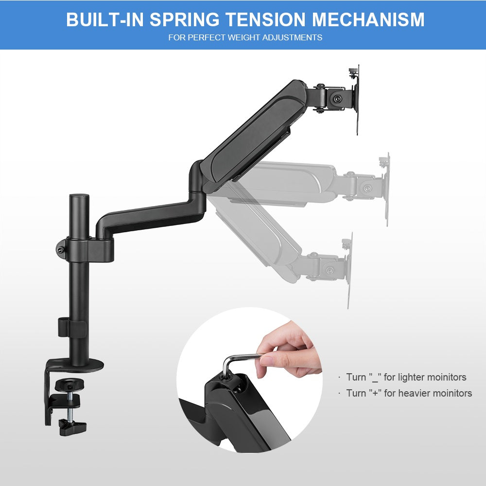 Single Monitor Adjustable Gas Spring Desk Mount for 17"-32" Monitors