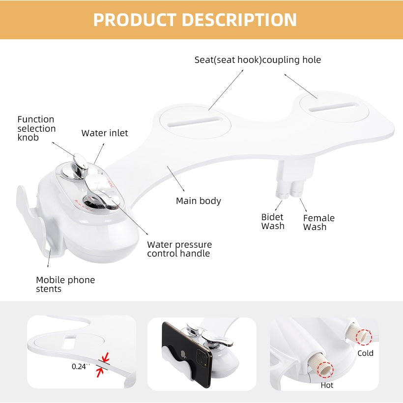 Toilet Bidet Non-Electric Hot & Cold Water Ultra Thin Dual Nozzle