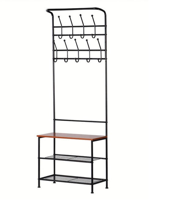 Rack 3-Tier Metal Entryway Coat, Shoe, Hat Rack with Bench