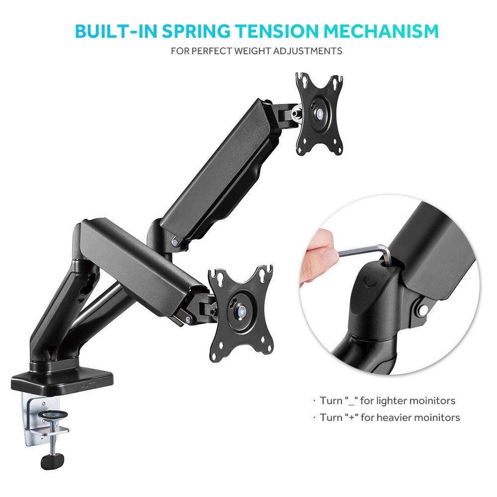 Gas Spring Dual Arm Monitor Stand With C Clamp And Grommet Mounting Base