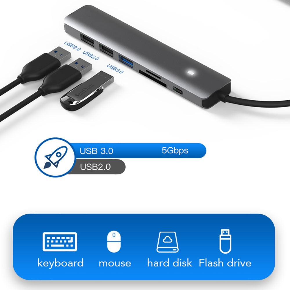 7-In-1 Type C Hub To HDMI, 3 USB Ports, SD/TF Card Readers