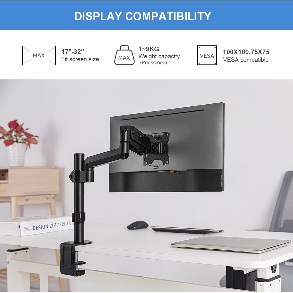 Single Monitor Adjustable Gas Spring Desk Mount for 17"-32" Monitors