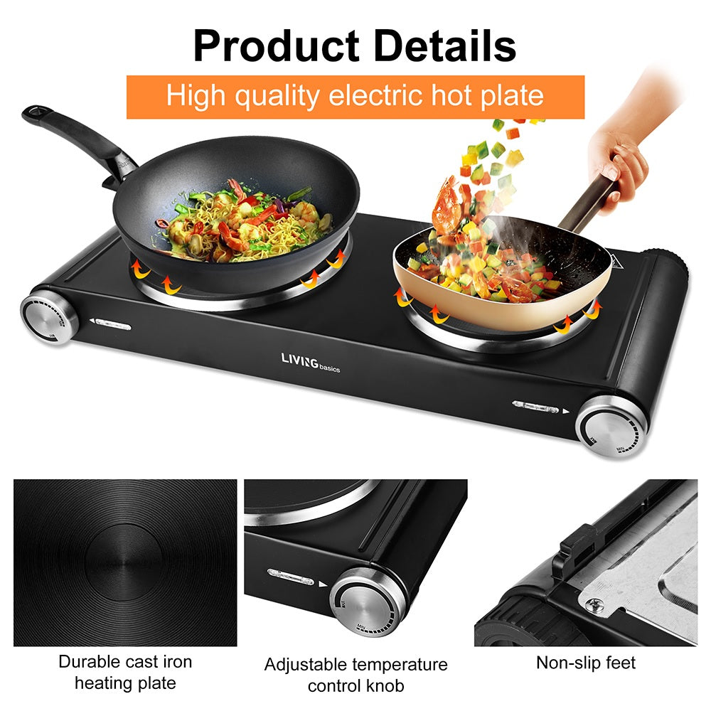 Double Hot Plates for Cooking, Electric Countertop Double Burners, 900W+900W