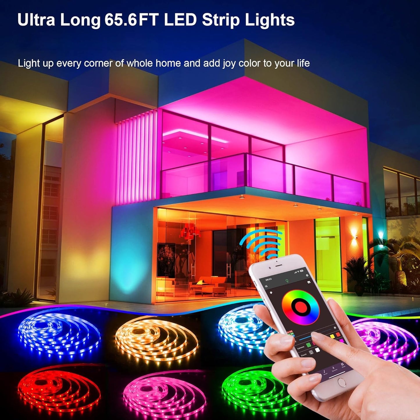 65.6ft/20m LED Strip Lights, Bluetooth, Remote 16 Million Colors, Built-in Mic