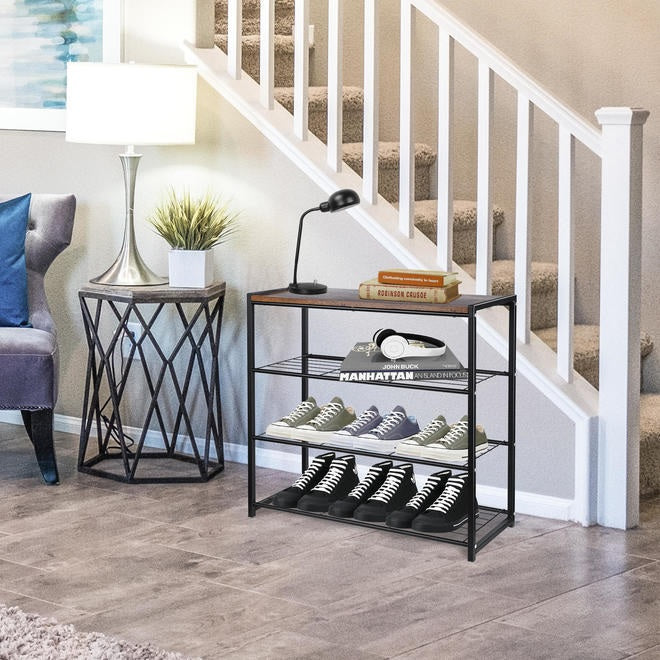 4-Tier Metal Shoe Rack With Wood Bench Top