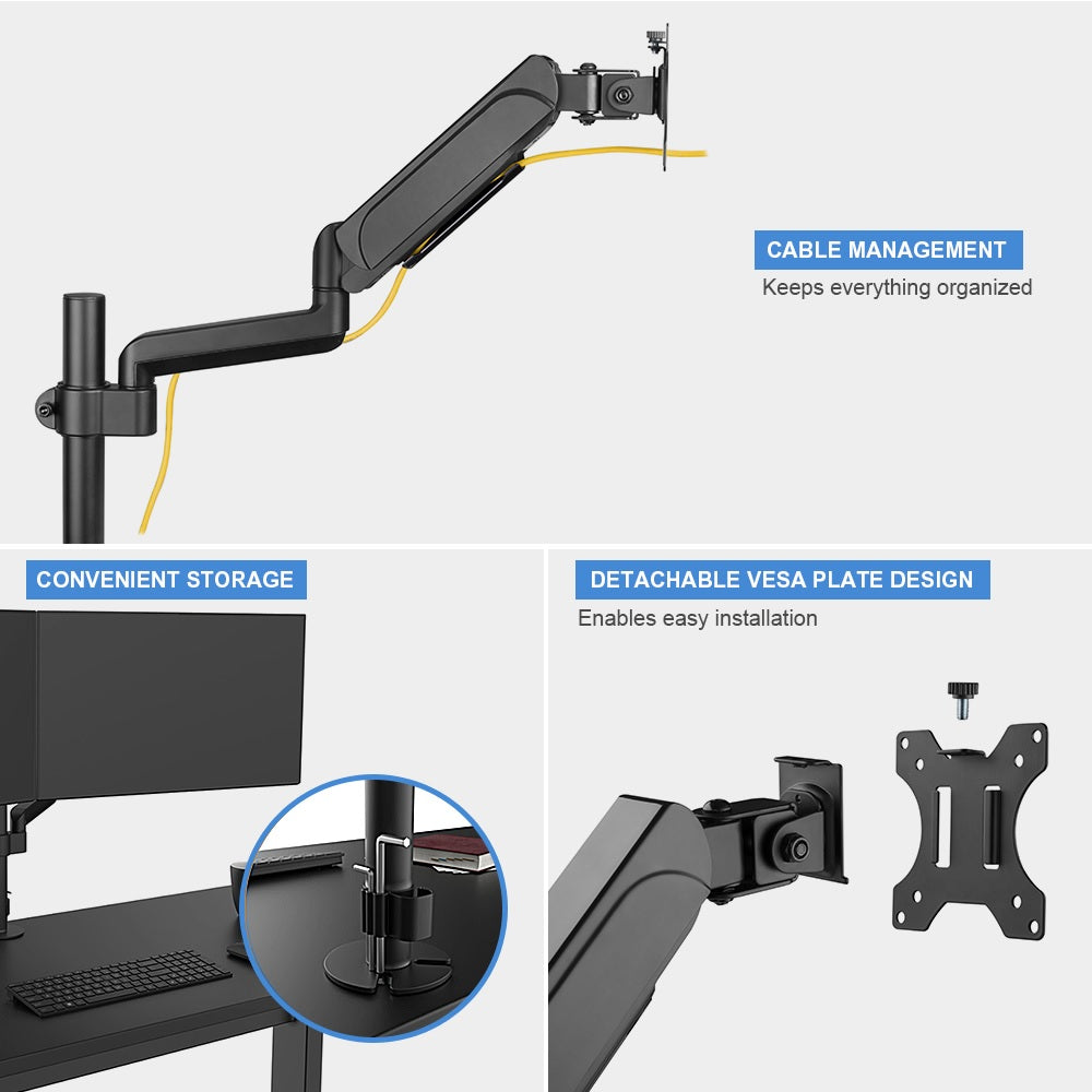 Single Monitor Adjustable Gas Spring Desk Mount for 17"-32" Monitors