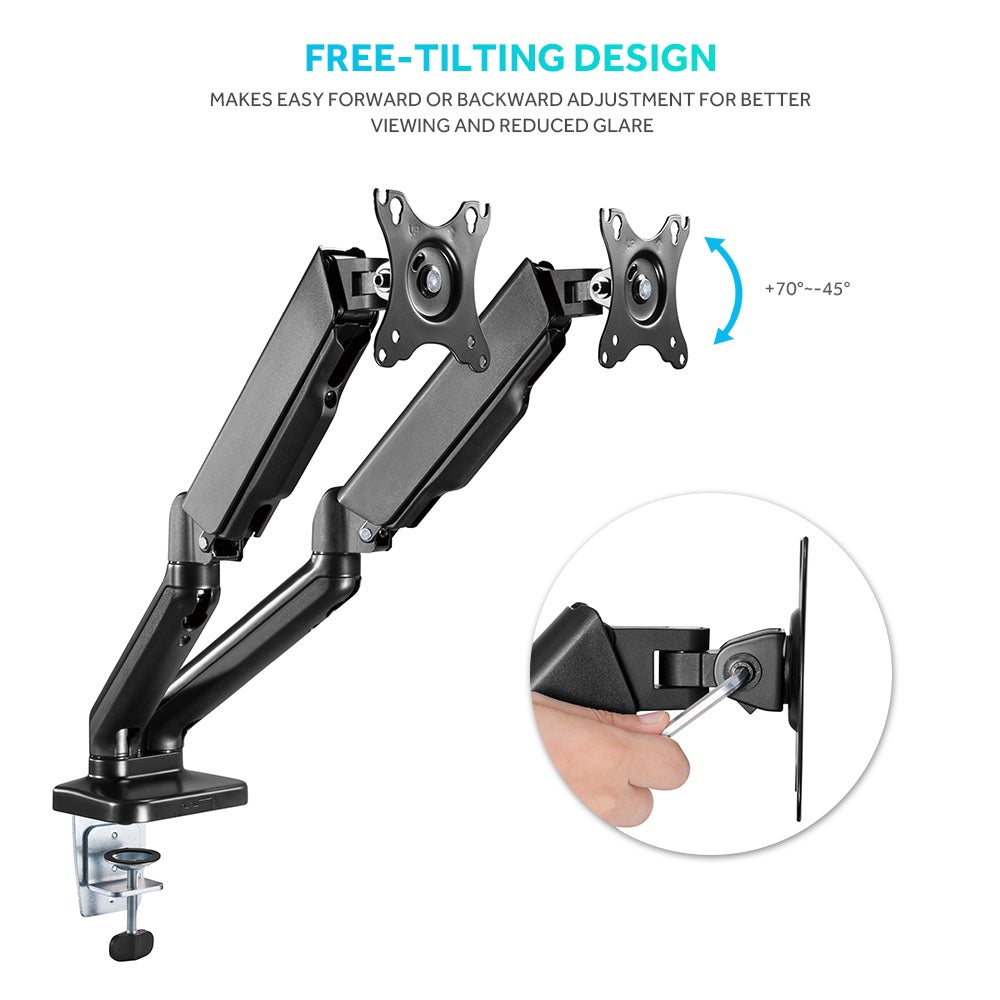 Gas Spring Dual Arm Monitor Stand With C Clamp And Grommet Mounting Base