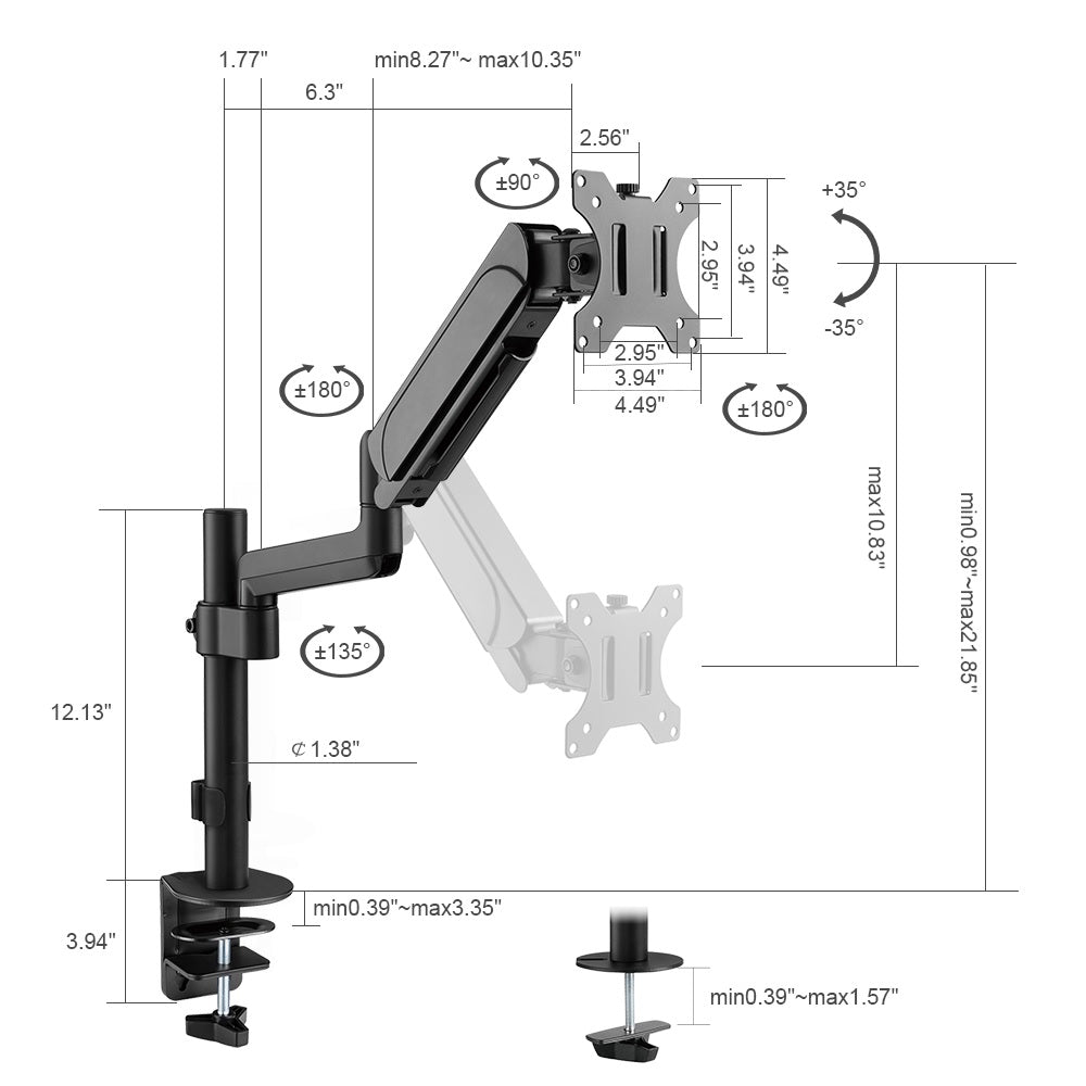 Single Monitor Adjustable Gas Spring Desk Mount for 17"-32" Monitors