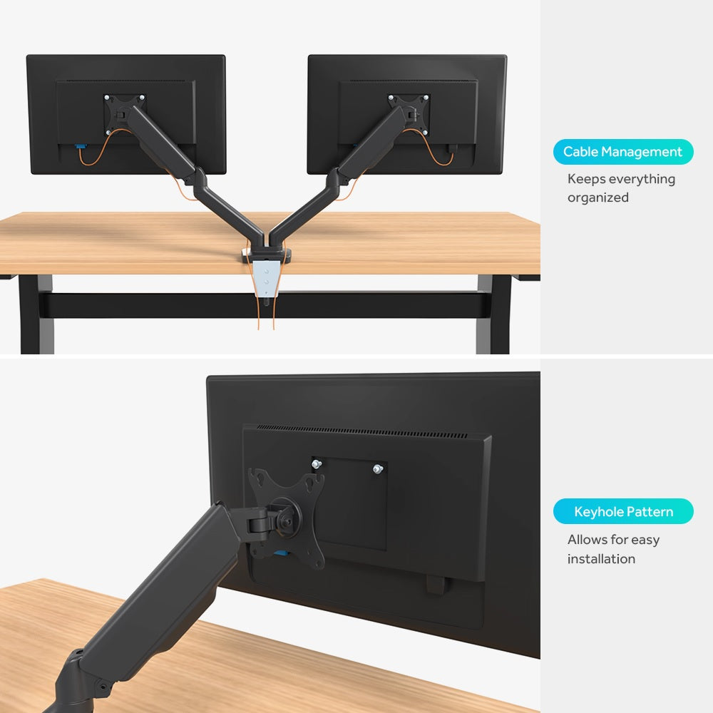 Gas Spring Dual Arm Monitor Stand With C Clamp And Grommet Mounting Base