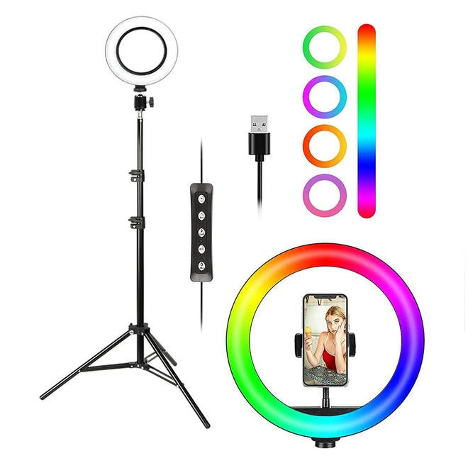 12" RGB LED Selfie Ring Light With 47" Retractable Tripod For Makeup Live Streaming