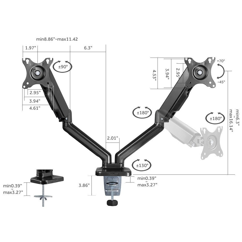 Gas Spring Dual Arm Monitor Stand With C Clamp And Grommet Mounting Base