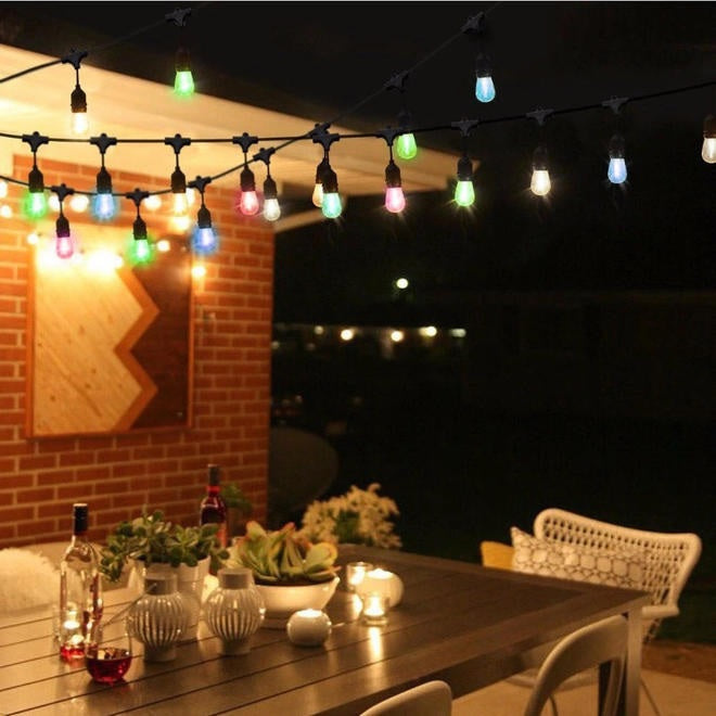 48Ft Outdoor String Light Weatherproof 15 Hanging LED Bulbs RGB Color With Remote