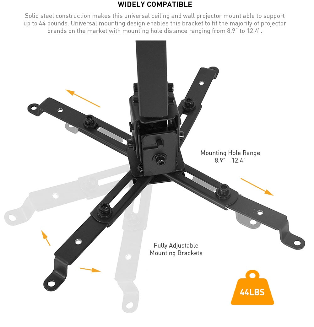 Universal Wall & Ceiling Projector Bracket, Supports up to 20kgs/44lbs