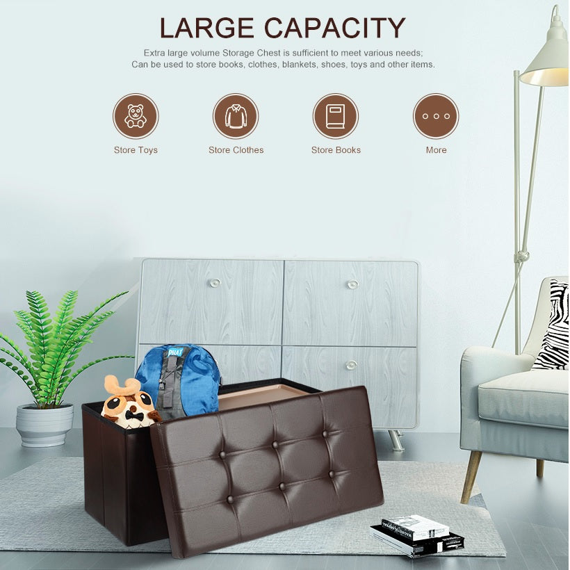 Folding Storage Ottoman Faux Leather, 30"