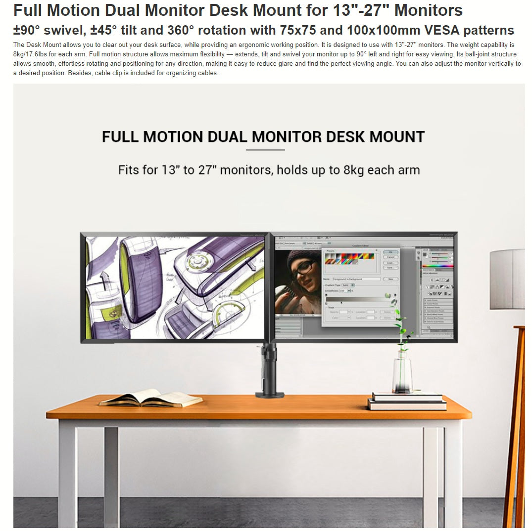 Dual Monitor Desk Mount Full Motion for 13"-27" Monitors