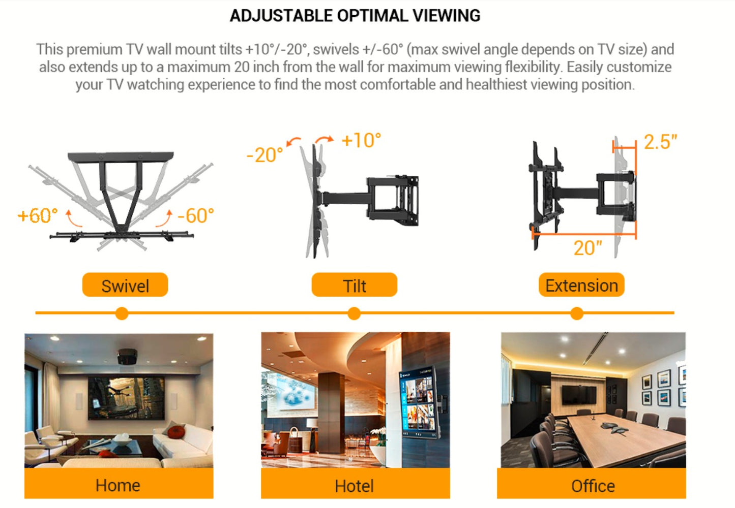 Full Motion(Tilt, Swivel & Rotate) TV Wall Mount for 37" to 70" TVs