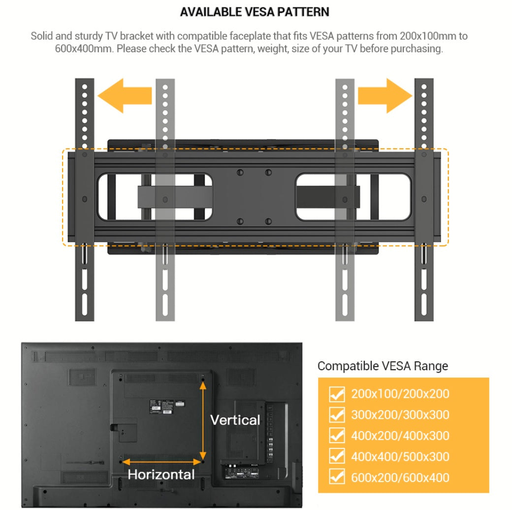 Full Motion(Tilt, Swivel & Rotate) TV Wall Mount for 37" to 70" TVs