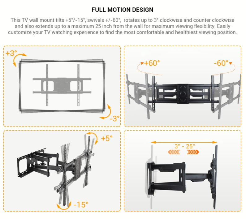 Full Motion(Tilt, Swivel & Rotate) Wall Mount for 50" to 90" TVs