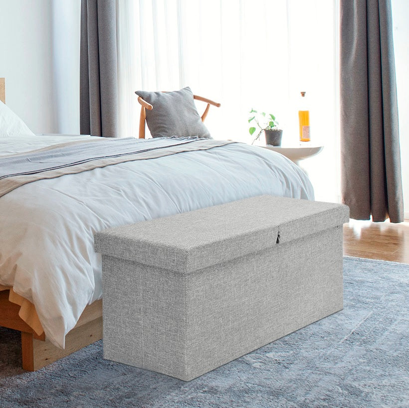 Folding Storage Ottoman Foot Rest Stool Ultra Soft Poly Linen Grey