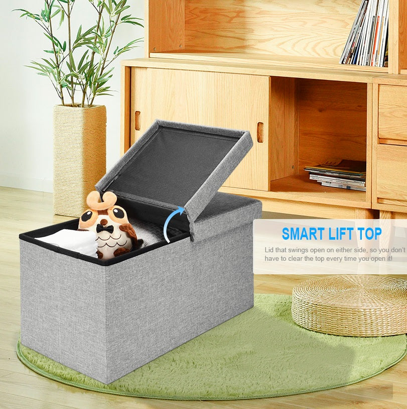 Folding Storage Ottoman Foot Rest Stool Ultra Soft Poly Linen Grey