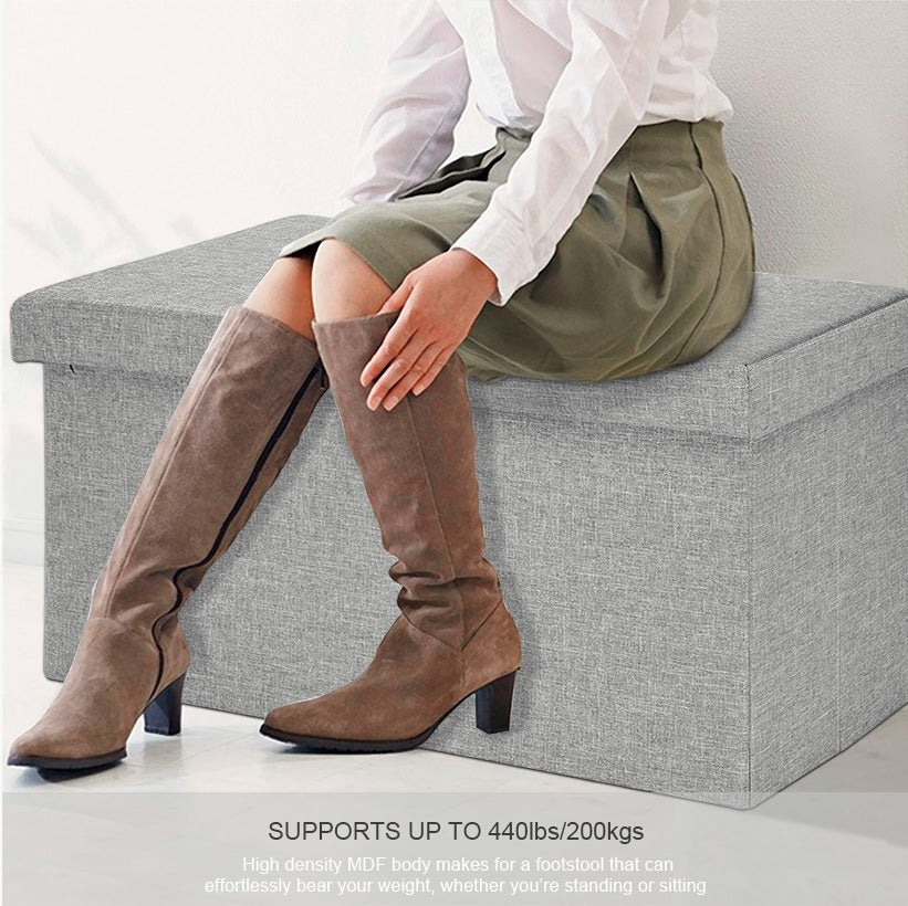 Folding Storage Ottoman Foot Rest Stool Ultra Soft Poly Linen Grey