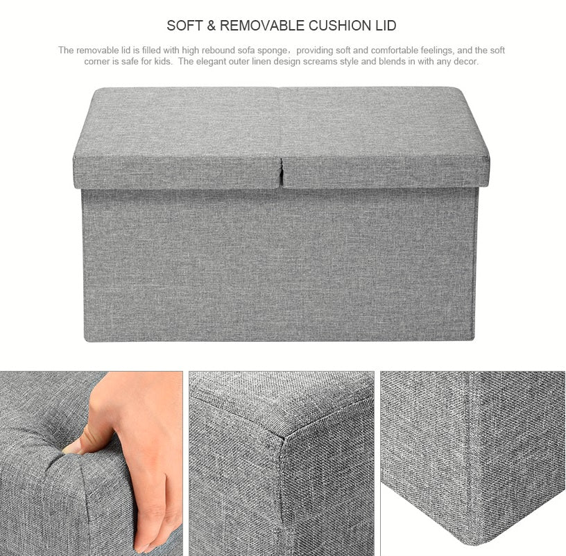 Folding Storage Ottoman Foot Rest Stool Ultra Soft Poly Linen Grey