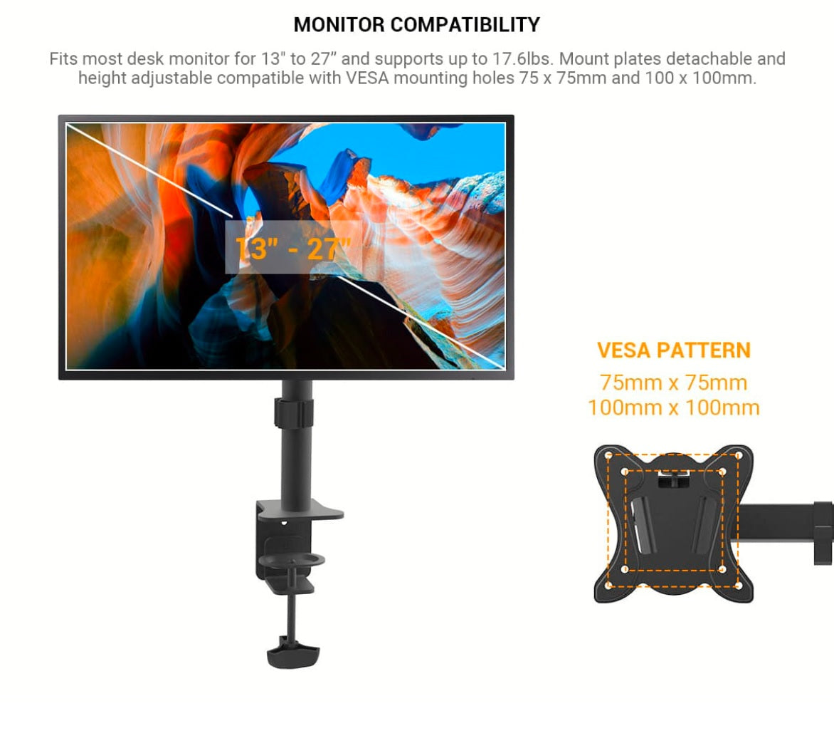 Single Monitor Desk Mount for 13" to 27" Monitors