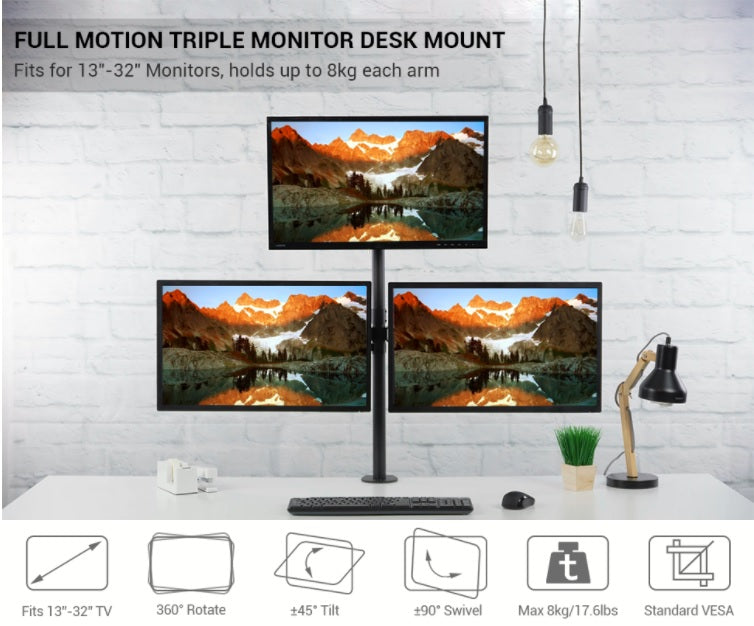 Triple Monitor Desk Mount Full Motion for 13"-32" Monitors